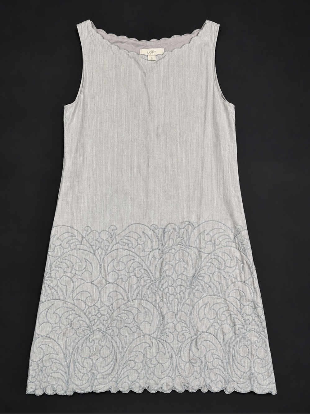 LOFT Light Gray Sleeveless Scalloped Hem Embroidered Mini Dress